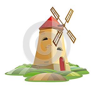 Old Windmill. Garden hills. Rural farm landscape. Cute funny cartoon design illustration. Isolated on white background