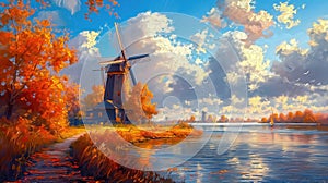 Old windmill by the river, autumn colorful trees in Netherlands, Europe. Oil painting on canvas