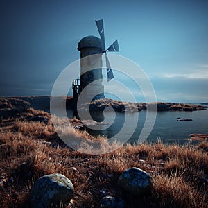 Old windmill on the shore of a pond or lake