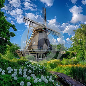 Old Windmill in Summer, Holland, Netherlands Wind Mill, Windmill with Copy Space