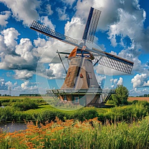 Old Windmill in Summer, Holland, Netherlands Wind Mill, Windmill with Copy Space