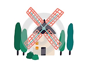 Old windmill among trees. Holland farm tower of wind mill with propeller. Hand-drawn colored flat vector illustration