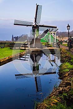 Old windmill in the winter. Village Zaanse Schans, Netherlands.