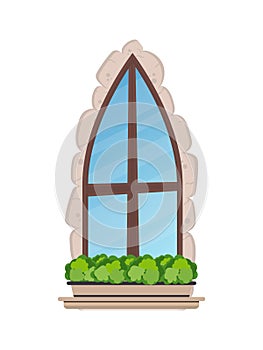 Old window with flowers and stone cladding. Cartoon style. Vector