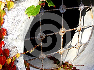 Old window grille, of wrought iron, stone house with autumn leave