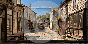 The old window openings that reveal the view of the street among ancient buildings, like a windo