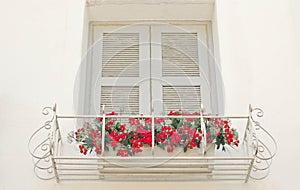 Old window with red roses.