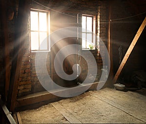 Old windows and door in the attic
