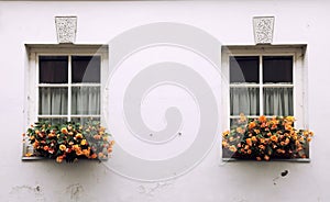 Old windows and flower box with orange flowers