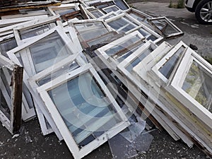 Old windows of wooden frames, dismantled