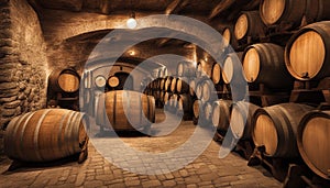 Old wine barrels, casks and bottles in wine-cellar