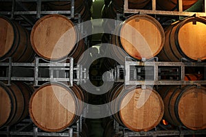 Old wine barrels in a wine cellar. Stacked Wine barrels at the winery. Whisky casks in old cellar.