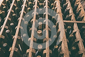 Old wine bottles in the wine cellar