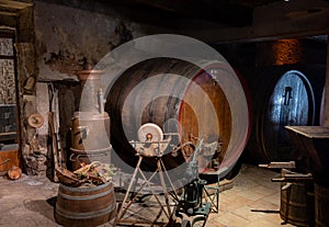 Old wine casks on wine domain in Cotes de Provence near Collobrieres , region Provence, south of France