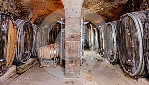 Old Wine Cellar With Barrels
