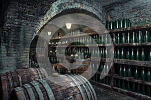 Old Wine Cellar with Oak Barrels, Winery Basement, Wine Cellar, Copy Space