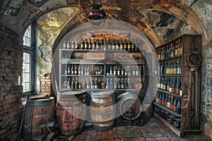 Old Wine Cellar with Oak Barrels, Winery Basement, Wine Cellar, Copy Space