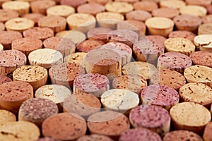 Old wine cellar, used wine corks, close-up. Selective focus, Design element. Wine stoppers. Design for menu cover or wine tasting