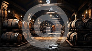 Old wine cellar of winery with wooden barrels, perspective of vintage casks in dark storage. Concept of vineyard, viticulture,