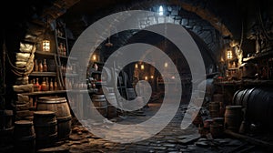 Old wine cellar of winery with wooden barrels, vintage casks in dark medieval storage. Concept of vineyard, viticulture,