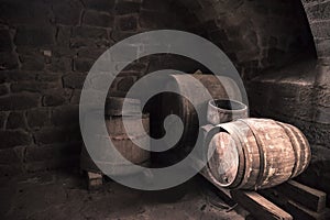 Old wine cellar and wooden barrels