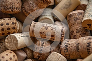 Old wine corks closeup. Wine bar backdrop