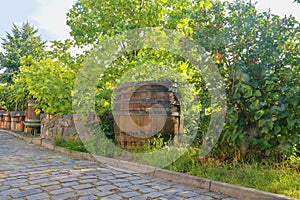 Old wine press and rustic wine barrel.. Wine background in Europe. Czech Republic, South Moravia