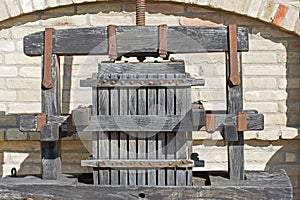 Old Wine Press. Traditional old Technique of Wine Making, Wooden Antique Grape Press.