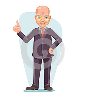 Old Wise Man Elderly Asian Businessman Chinese Japanese Vietnamese Male Employee Boss Hand Forefinger Up Cartoon