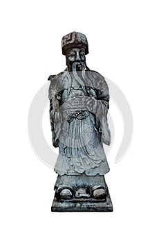 Old wise man statue isolated on white background. Ancient Chinese political nobleman rock statue.