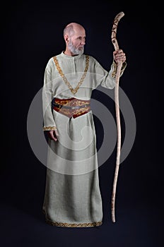 Old wise wizard holds a wooden magic staff