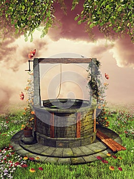 Old wishing well with spring flowers photo