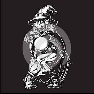 Old witch in a cone hat holding a crystal ball and foretelling the future. Funny cartoon style character. Black and photo