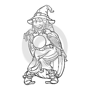 Old witch in a cone hat holding a crystal ball and foretelling the future. Funny cartoon style character. Black and photo