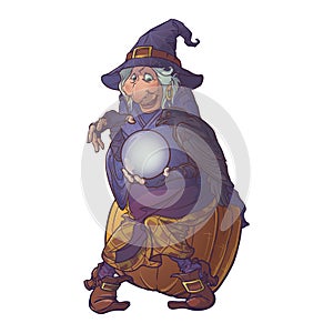 Old witch in a cone hat holding a crystal ball and foretelling the future. Funny cartoon style character. Linear drawing photo