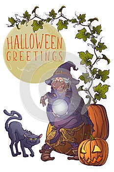 Old witch with her black raven and cat holding a crystal ball and foretelling the future. Greeting card. photo
