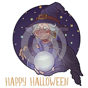 Old witch with her black raven holding a crystal ball and foretelling the future. Funny cartoon style character photo