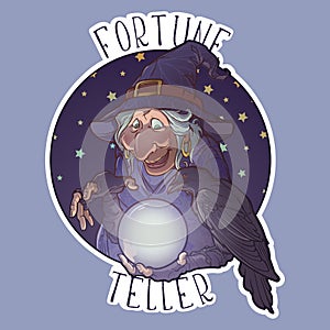Old witch with her black raven holding a crystal ball and foretelling the future. Funny cartoon style character. Sticker