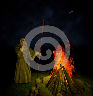 Old Wizard Campfire Night Sky Shooting Stars