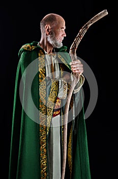 Powerful wizard holds a wooden magic staff
