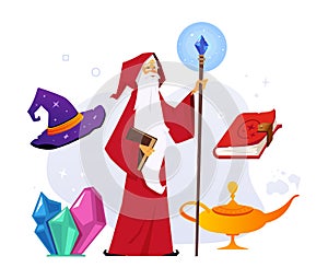 Old wizard and magic items - modern colored vector poster