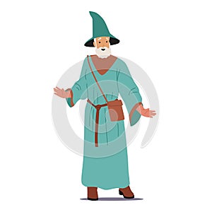 Old Wizard Wear Long Robe and Witch Hat with Shoulder Bag, Magician Character Merlin or Dumbledore Personage With Beard