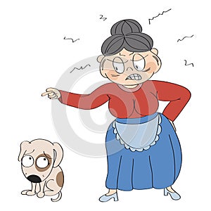 Old woman angry with her dog, pointing her finger at it. Puppy is looking sad, waiting to be punished.