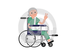 Old woman with broken leg sitting in the wheelchair. grandmother in a wheelchair with broken bone. flat design illustration
