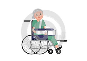 Old woman with broken leg sitting in the wheelchair. grandmother in a wheelchair with broken bone. vector flat design illustration