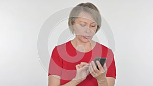 Old Woman Browsing Smartphone on White Background