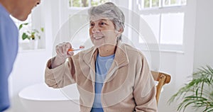 Old woman, brushing teeth or nurse helping patient in nursing home, retirement clinic for wellness. Check, talking or