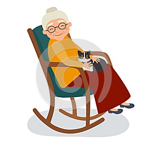 Old woman with cat in her rocking chair