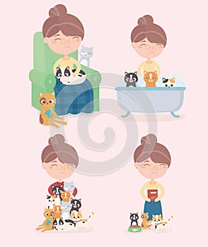 Old woman with cats bathing feeding sleeping relaxation in armchair