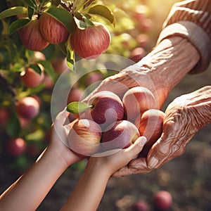 old woman and child holding ripe apples in hands. garden on background